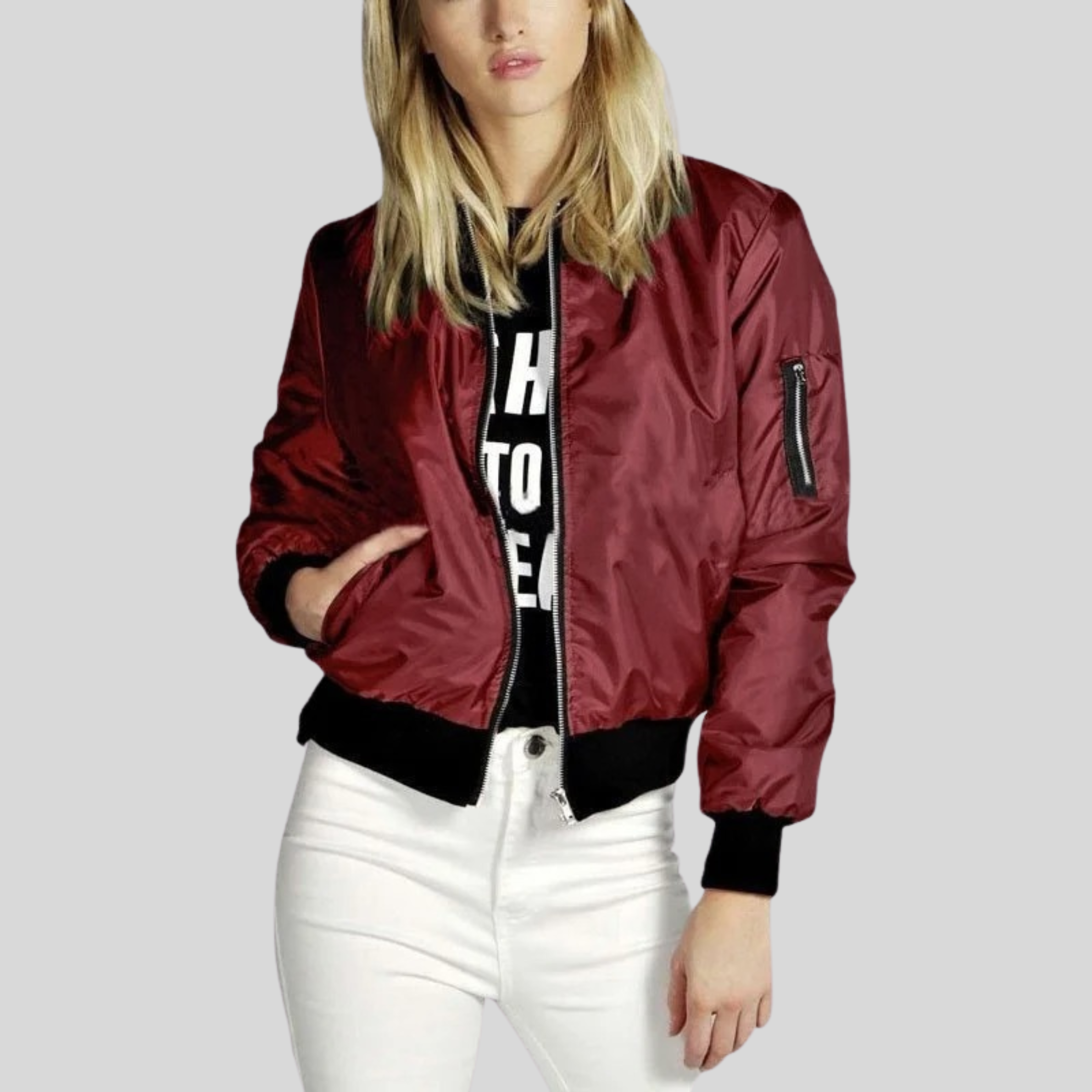 Khloe Veste Bomber Femme – Modèle Léger à Manches Longues avec Zip & Poches Latérales