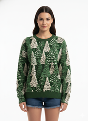 Holly Damen Weihnachtspullover – Weicher Rundhalsausschnitt mit Tannenbaum-Motiven & langen Ärmeln