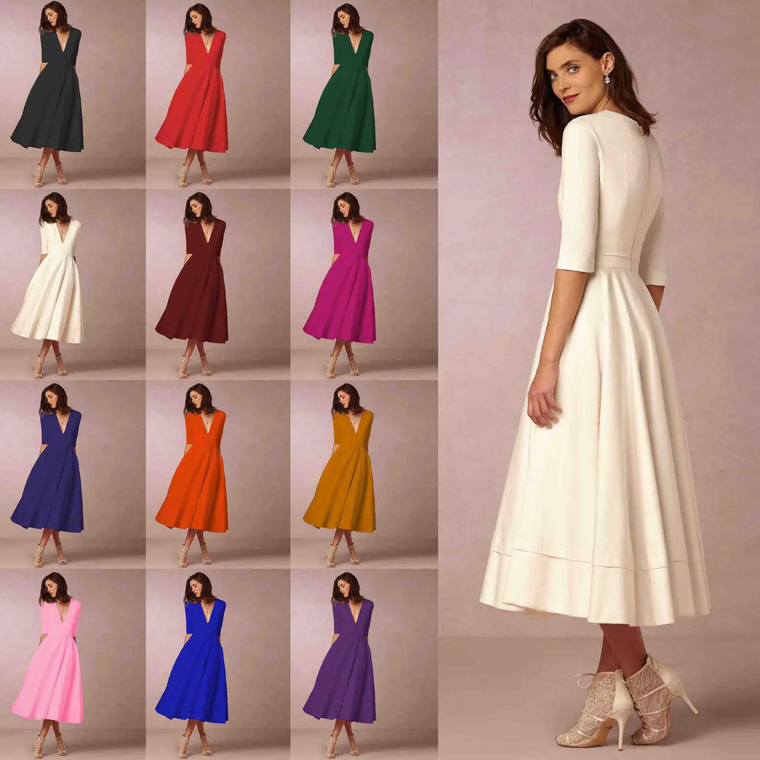 Vestido del mediodía de mujeres marfil: vestido de algodón con elegante corte