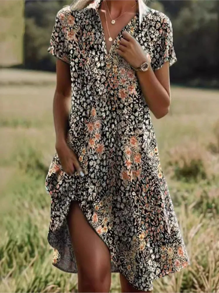 Jeanne Robe Femme – Élégante Robe à Col V avec Boutons, Coupe Flatteuse & Motif Floral Intemporel