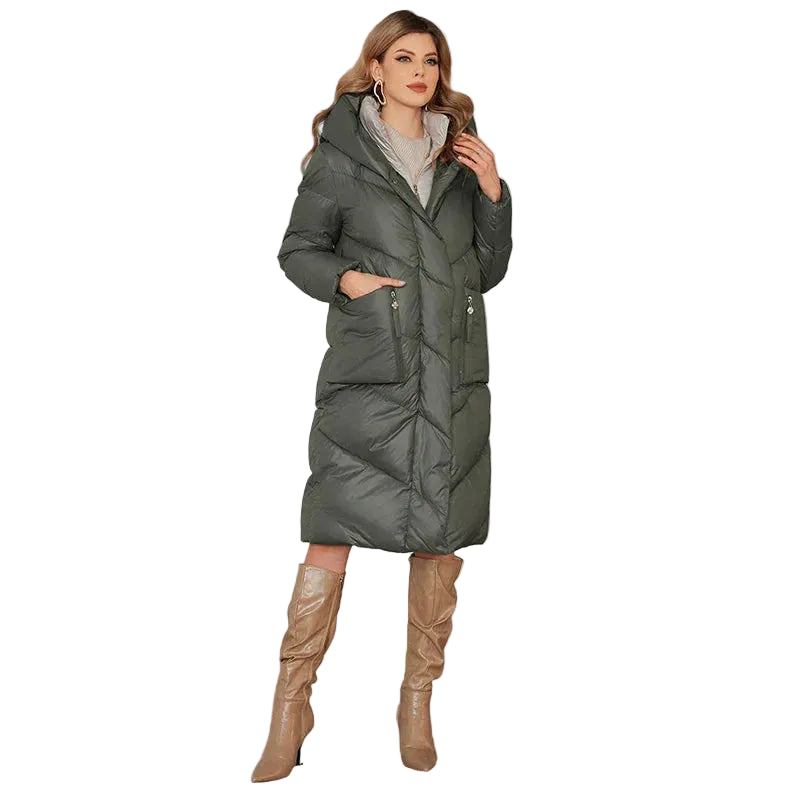 Allisen Long Down Jacket for Women – Long Cut, Padded Hood & Winter Warmth