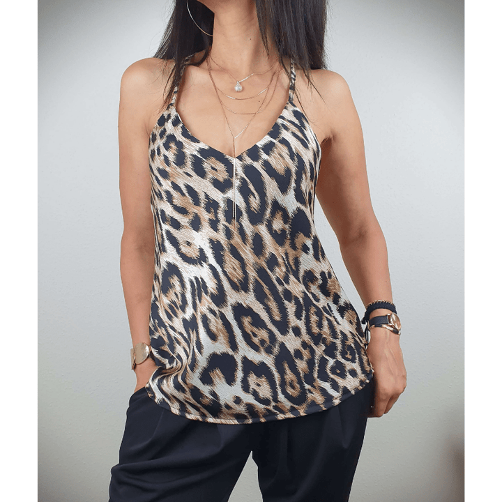 Sabrina Débardeur Femme Looksy – Imprimé Léopard, Col V & Bretelles Réglables