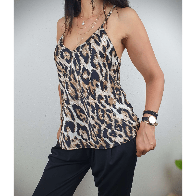 Sabrina Débardeur Femme Looksy – Imprimé Léopard, Col V & Bretelles Réglables