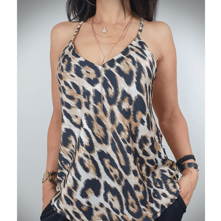 Sabrina Débardeur Femme Looksy – Imprimé Léopard, Col V & Bretelles Réglables