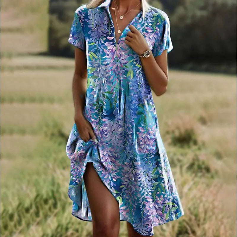 Jeanne Robe Femme – Élégante Robe à Col V avec Boutons, Coupe Flatteuse & Motif Floral Intemporel