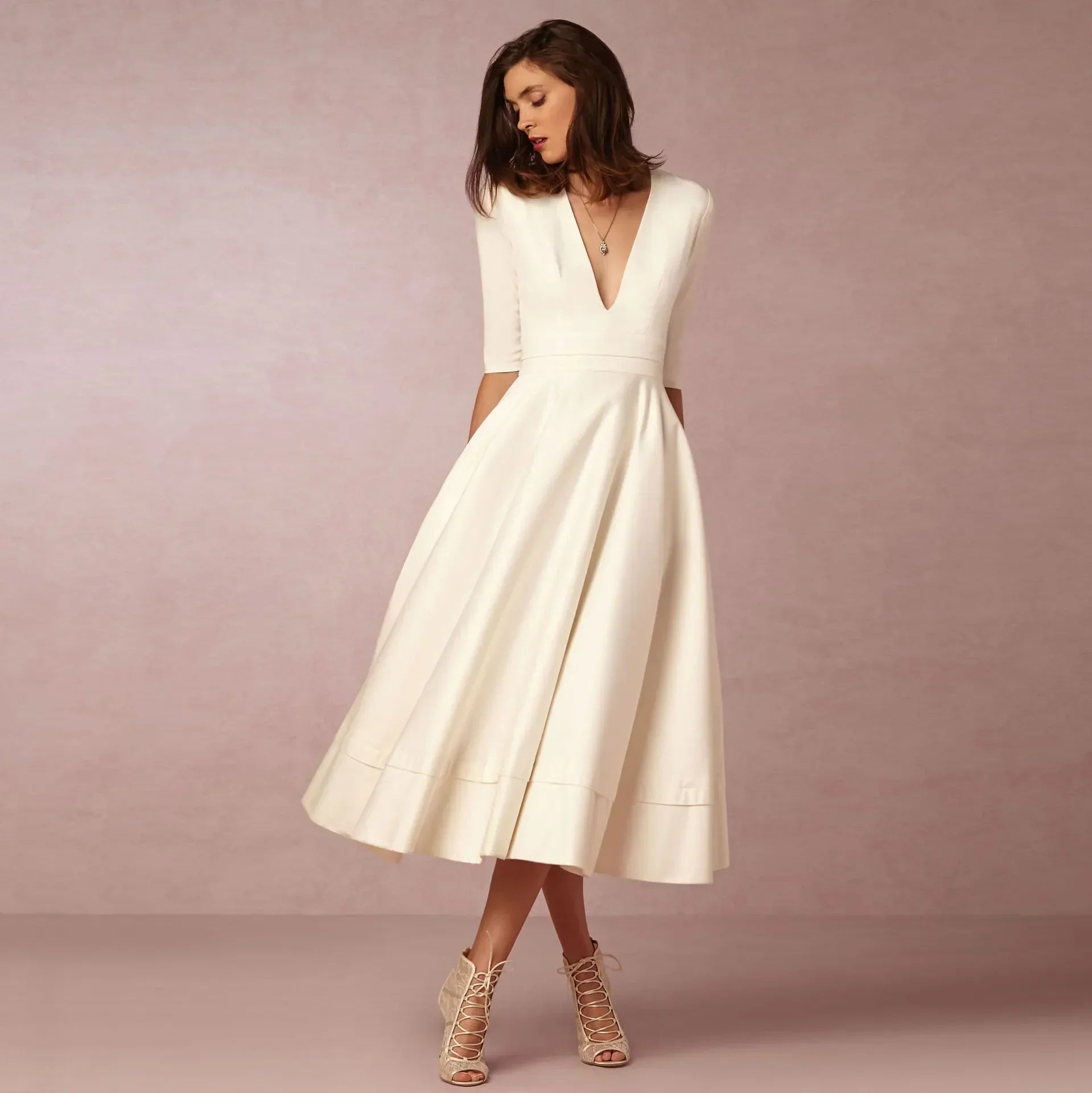 Ivoire Robe Midi Femme – Robe Cintrée en Coton avec Coupe Élégante