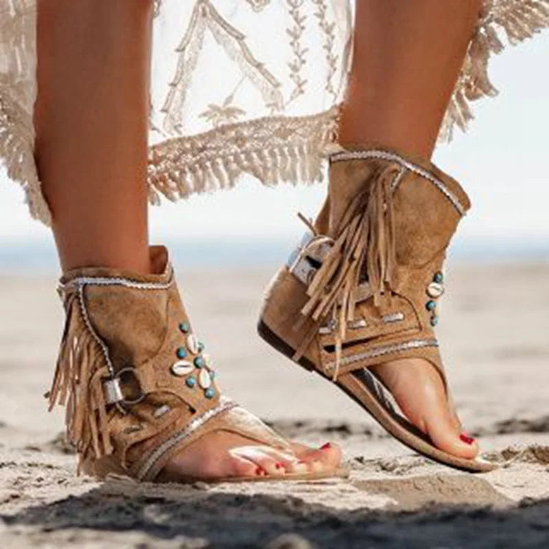 Katherine Sandales Bohèmes Femme – Sandales d'Été avec Franges & Perles pour un Look Libre
