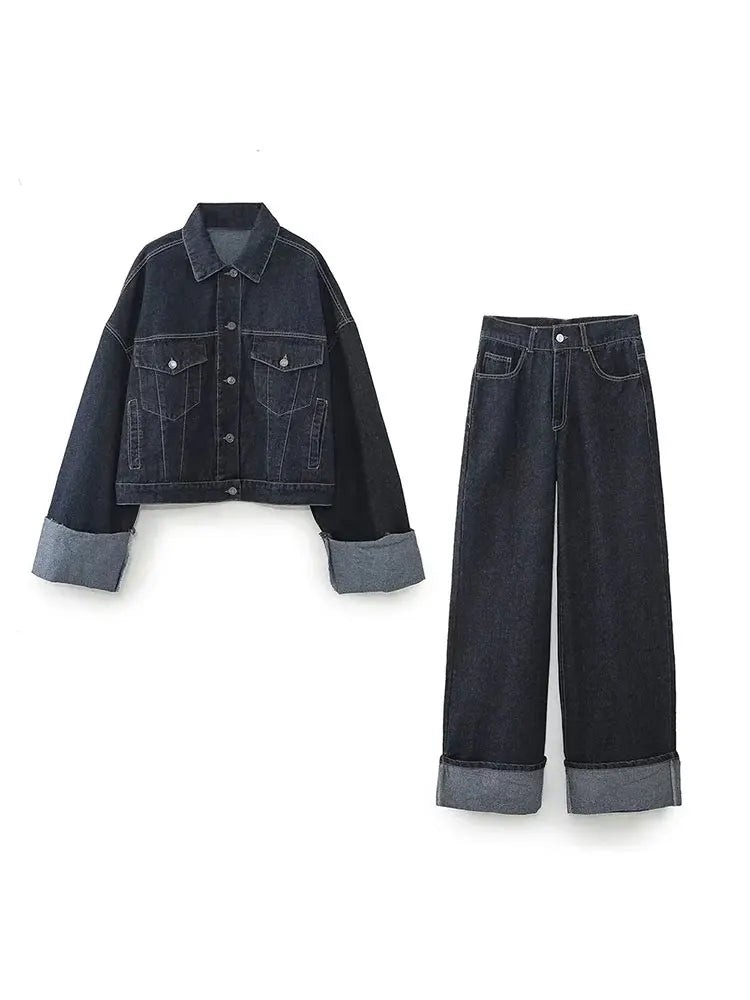 Bea Ensemble Denim Femme – Veste Courte & Jean Large à Revers Contrastés pour un Look Tendance