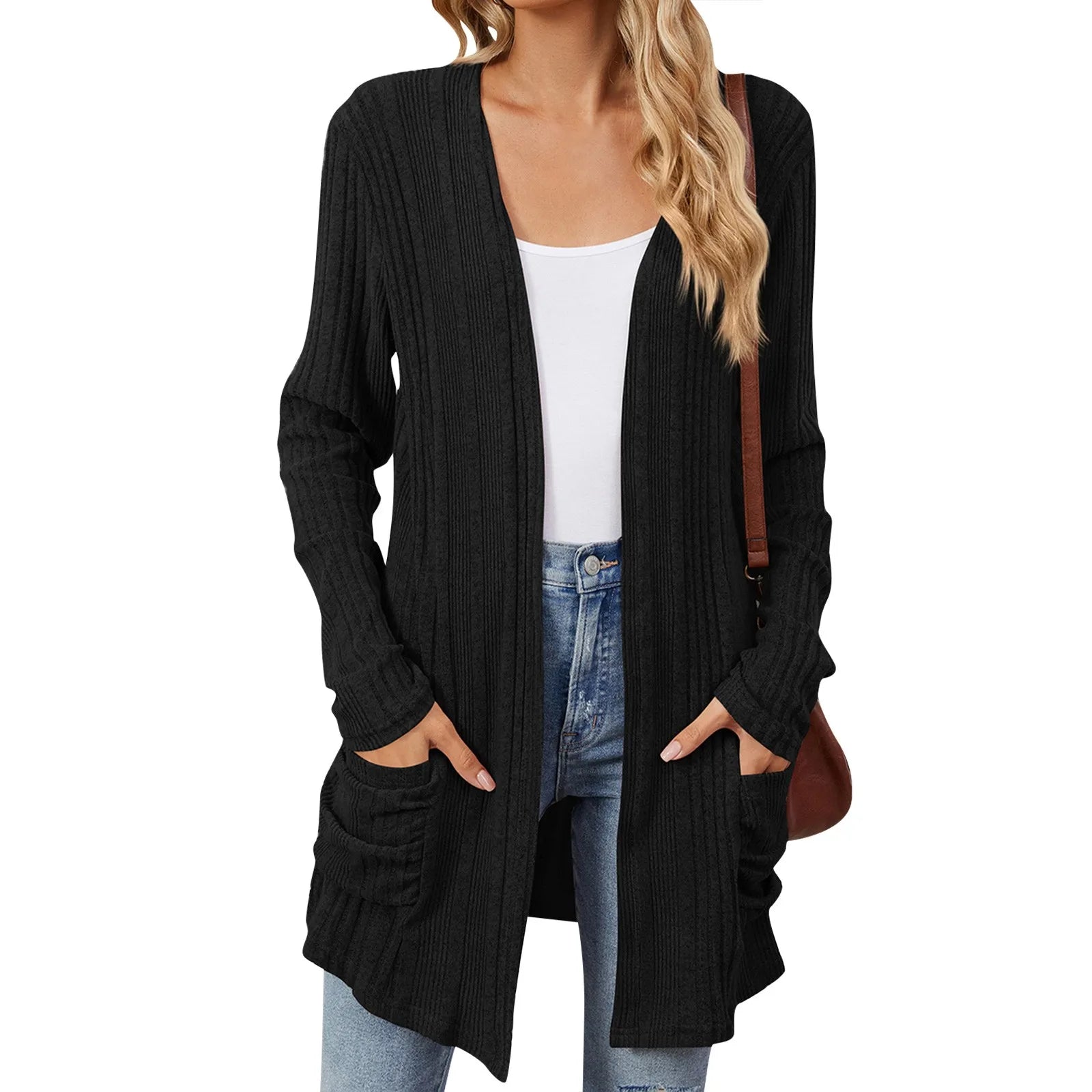 Cardigan largo Isabelle para mujer – Cárdigan de punto acanalado abierto con bolsillos y corte relajado