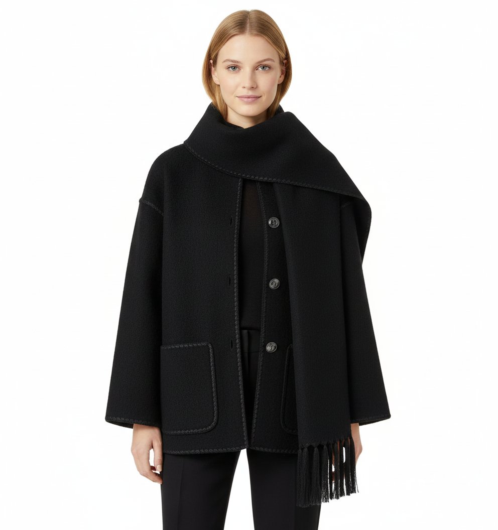 Georgie Women's Coat with Integrated Scarf – Elegant Draped Jacket in Warm Fabric