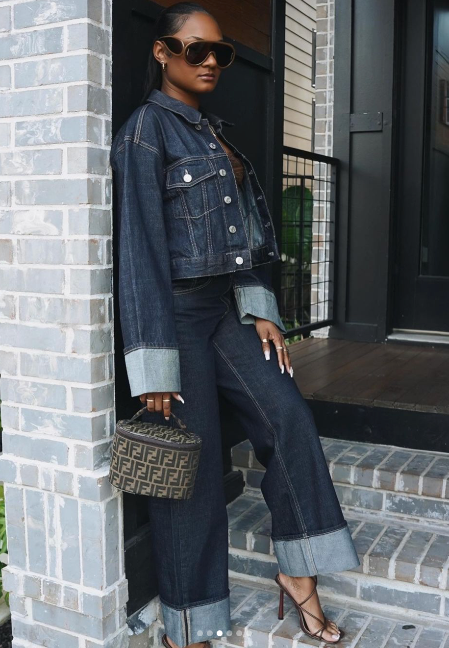 Bea Ensemble Denim Femme – Veste Courte & Jean Large à Revers Contrastés pour un Look Tendance