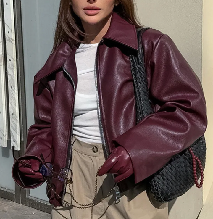 Celeste Veste Bomber Femme en Similicuir – Coupe Oversize Tendance avec Col Classique