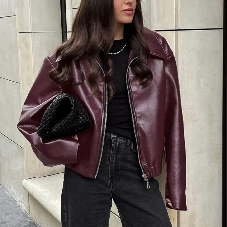 Celeste Veste Bomber Femme en Similicuir – Coupe Oversize Tendance avec Col Classique