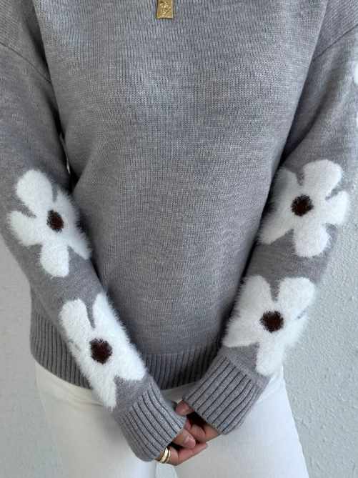 Aisha sweter damski – elegancki i wygodny sweter dzianinowy w kwiatowy wzór na sezon