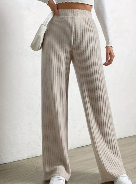 Hallie Pantalon Femme – Pantalon Large en Maille Côtelée Douce & Élégante pour Automne/Hiver