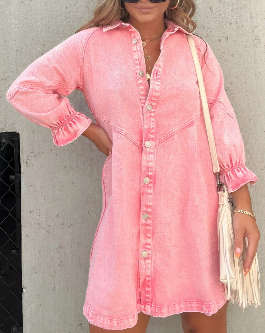 Namy Robe en Jean Femme – Robe Chemise avec Col, Manches 3/4 et Coupe Évasée
