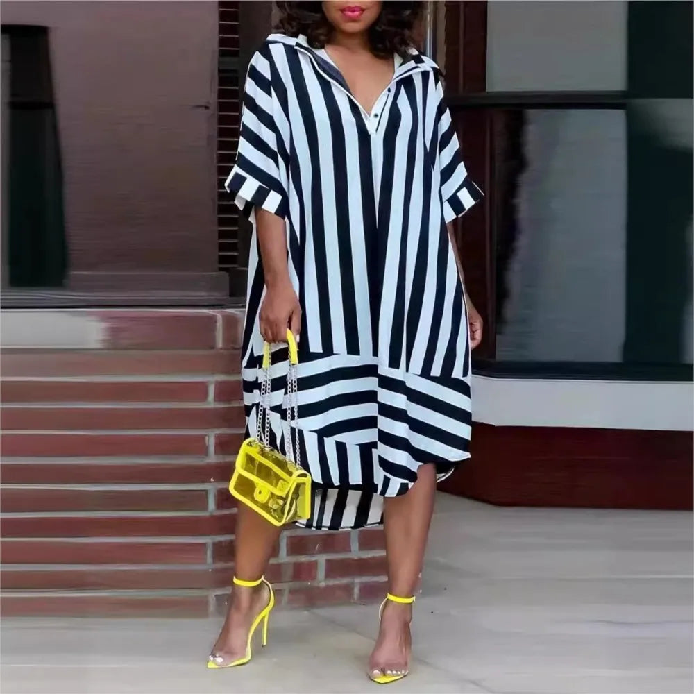 Vestido de verano de Chloe Woman - Vestido de camisa a rayas claras con mangas cortas y elegancia relajada