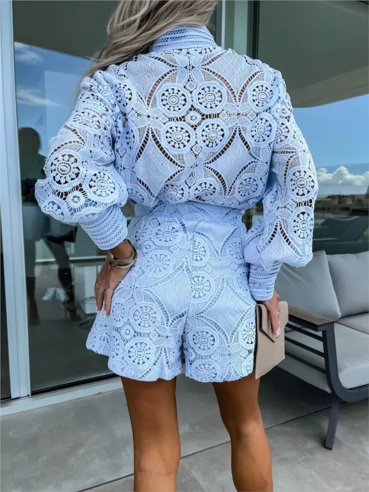 Veanne Ensemble en Dentelle Femme – Élégant Ensemble d’Été Blanc en Dentelle Respirante avec Finitions Luxueuses