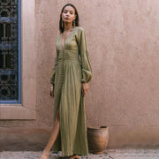 Sadie Maxi Dress Women – Summer Dress Khaki in 100% Cotton with Buttons & Elegant Pleated Details