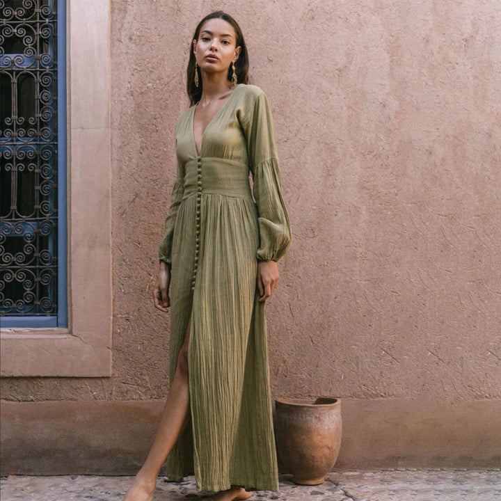 Sadie Maxi Women's Dress - Abito estivo Khaki al 100% con eleganti brufoli e dettagli