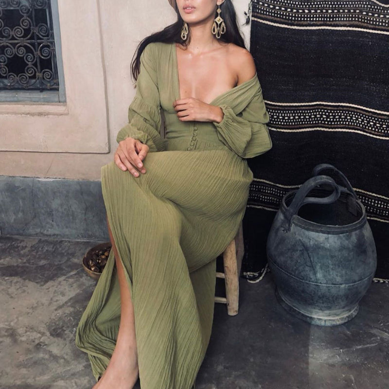 Vestido para mujeres de Sadie Maxi - vestido de verano de color caqui 100% algodón con elegantes espinillas y detalles