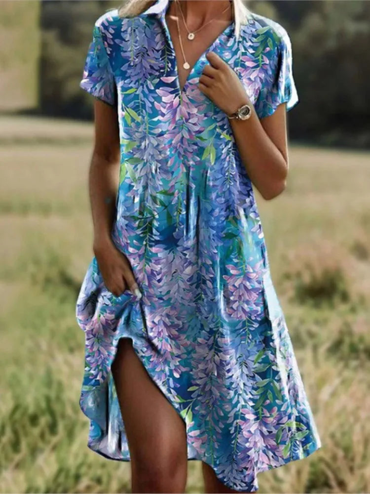 Jeanne Robe Femme – Élégante Robe à Col V avec Boutons, Coupe Flatteuse & Motif Floral Intemporel