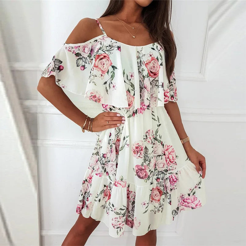 Abito estivo da donna Catalina - Abito floreale con spalle nude e look romantico