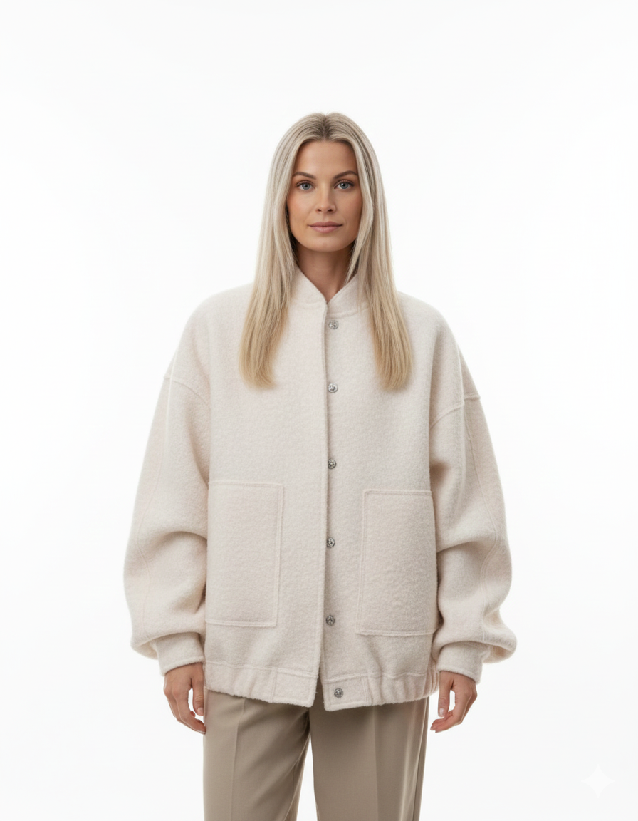 Norlyn Bomber Oversize Femme – Veste Tendance avec Col Montant, Boutonnage Caché & Coupe Ample