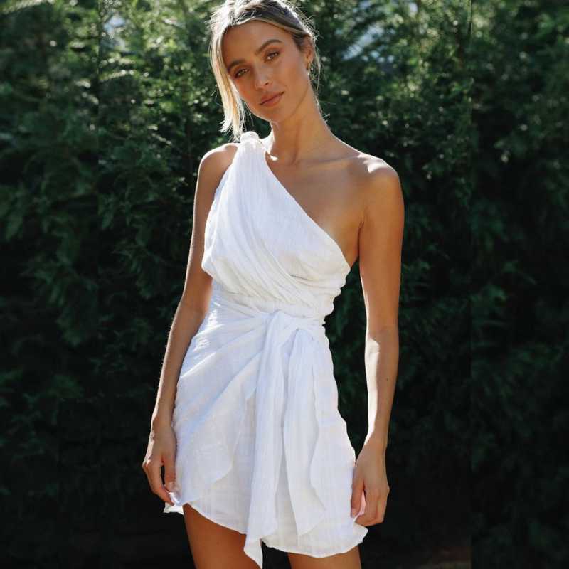 LEILANI Vestido asimétrico Mujer - Vestido de verano blanco con drapeado y ligero y elegante corte