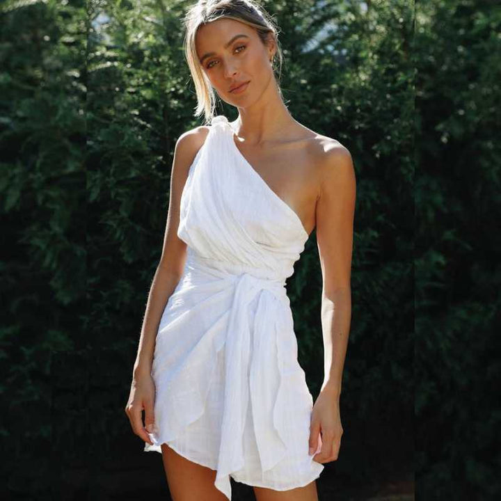 Leilani Abito asimmetrico donna - abito estivo bianco con taglio drappeggiato e leggero ed elegante