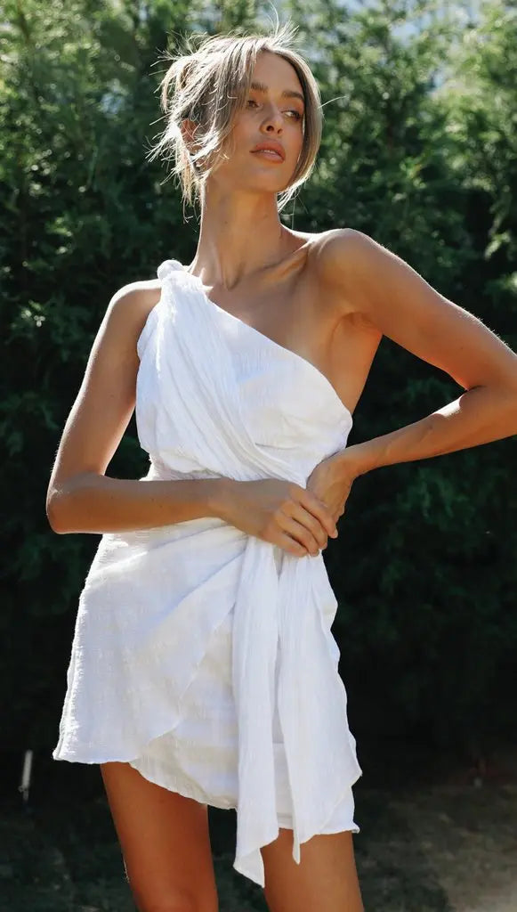LEILANI Vestido asimétrico Mujer - Vestido de verano blanco con drapeado y ligero y elegante corte