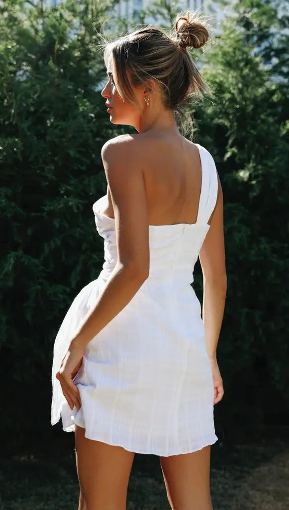 LEILANI Vestido asimétrico Mujer - Vestido de verano blanco con drapeado y ligero y elegante corte