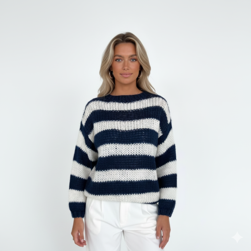 Jersey de punto a rayas oversize para mujer – Tejido suave con corte amplio, cuello redondo y estilo cómodo