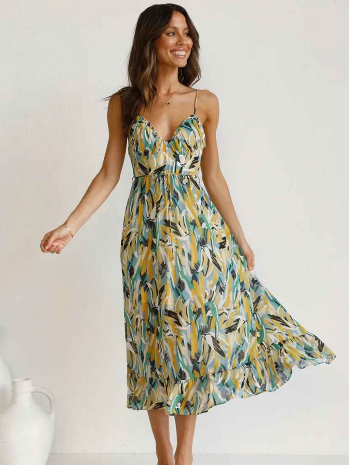 Chloe Robe Longue Femme – Robe d’Été Légère avec Imprimé Tropical et Bretelles Spaghetti Flatteuses