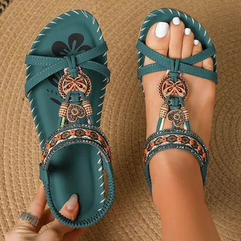 Lainey Sandales Femme – Élégantes Sandales Boho à Semelle Plate avec Look Ethnique Naturel