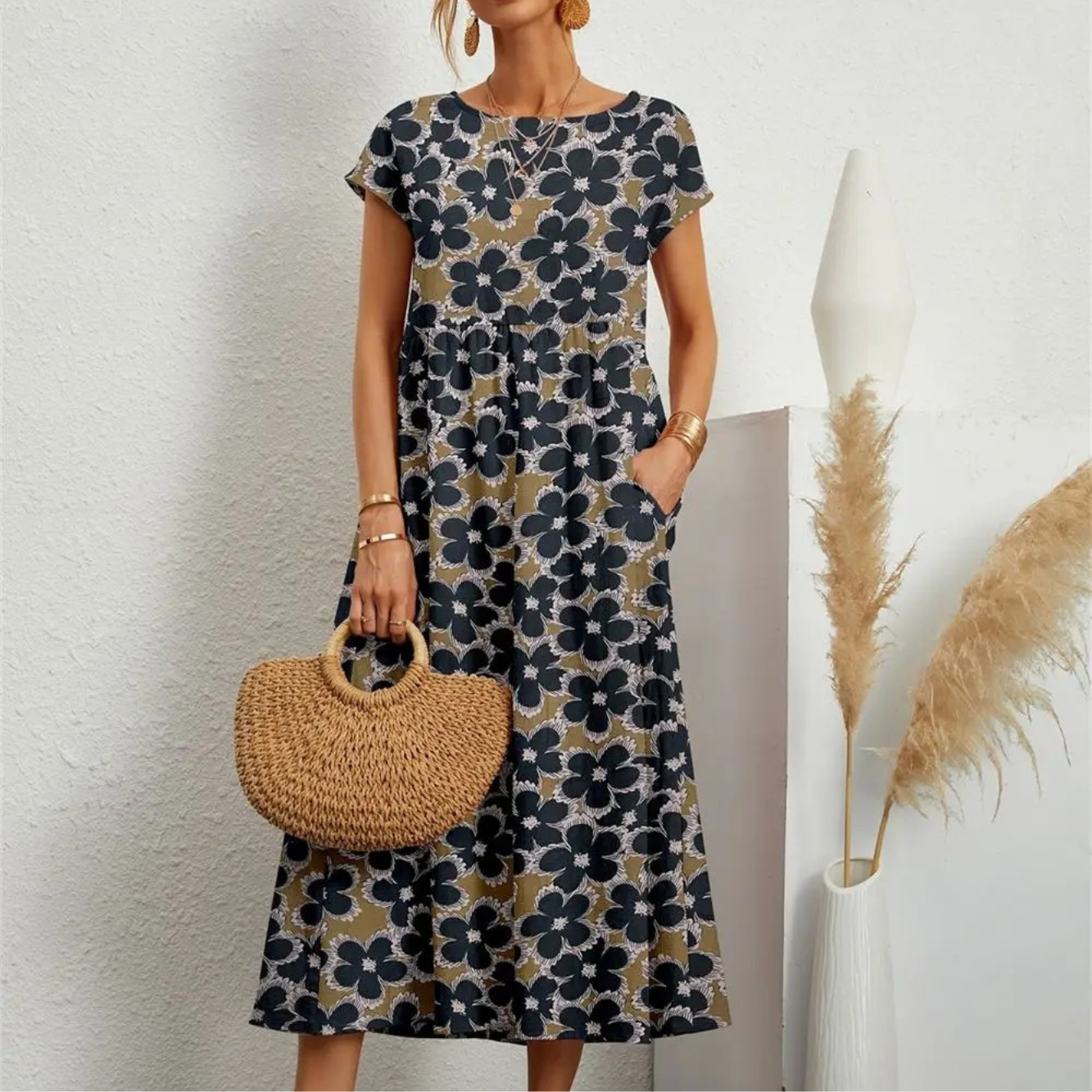 Abito midi da donna Remi - Abito floreale con vestibilità rilassata ed eleganza estiva naturale