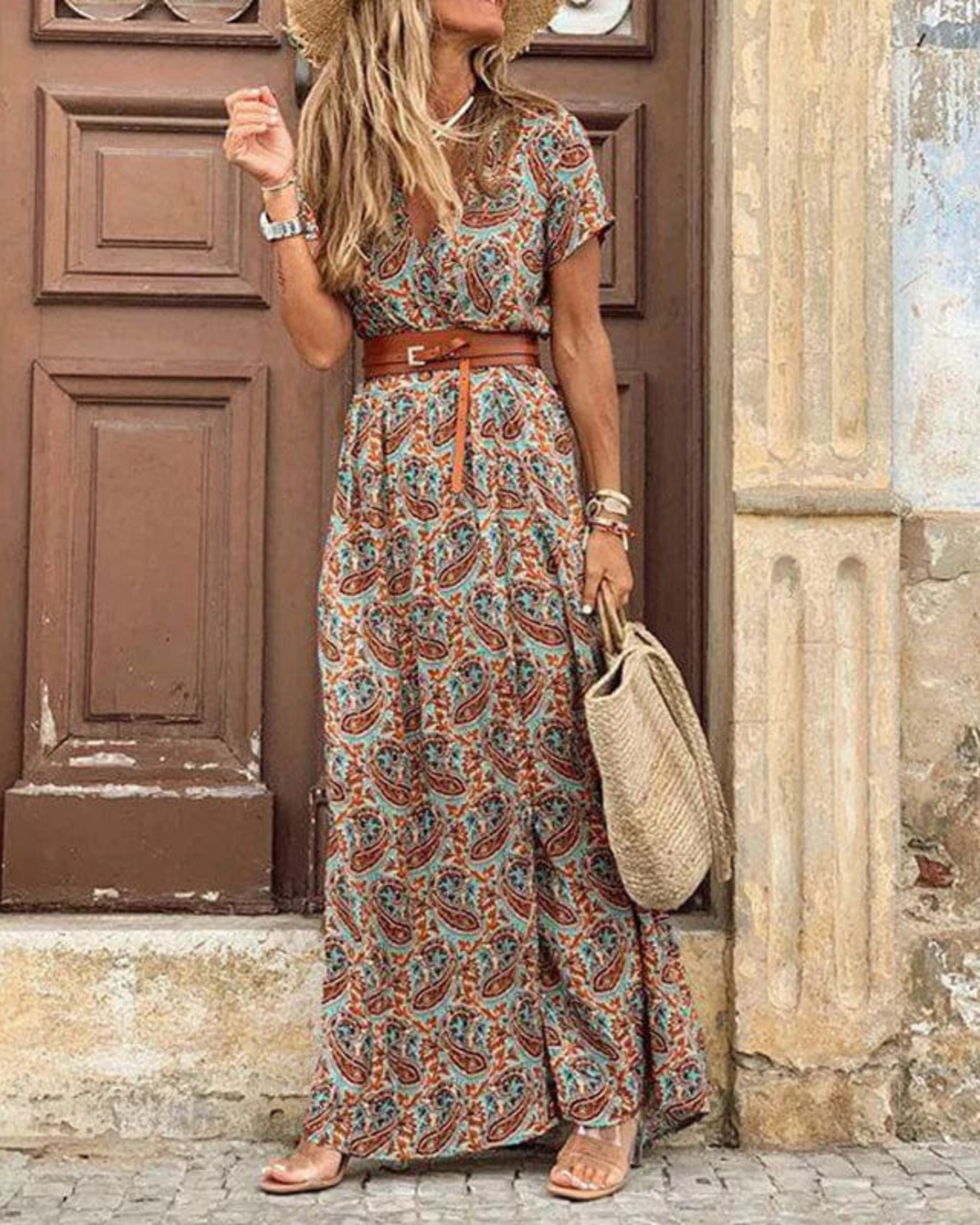 Robe Longue Femme Sanne – Robe Bohème d’Été avec Imprimé Ibiza, Col en V & Taille Élastique