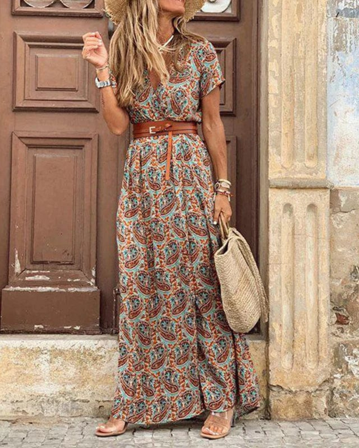 Robe Longue Femme Sanne – Robe Bohème d’Été avec Imprimé Ibiza, Col en V & Taille Élastique