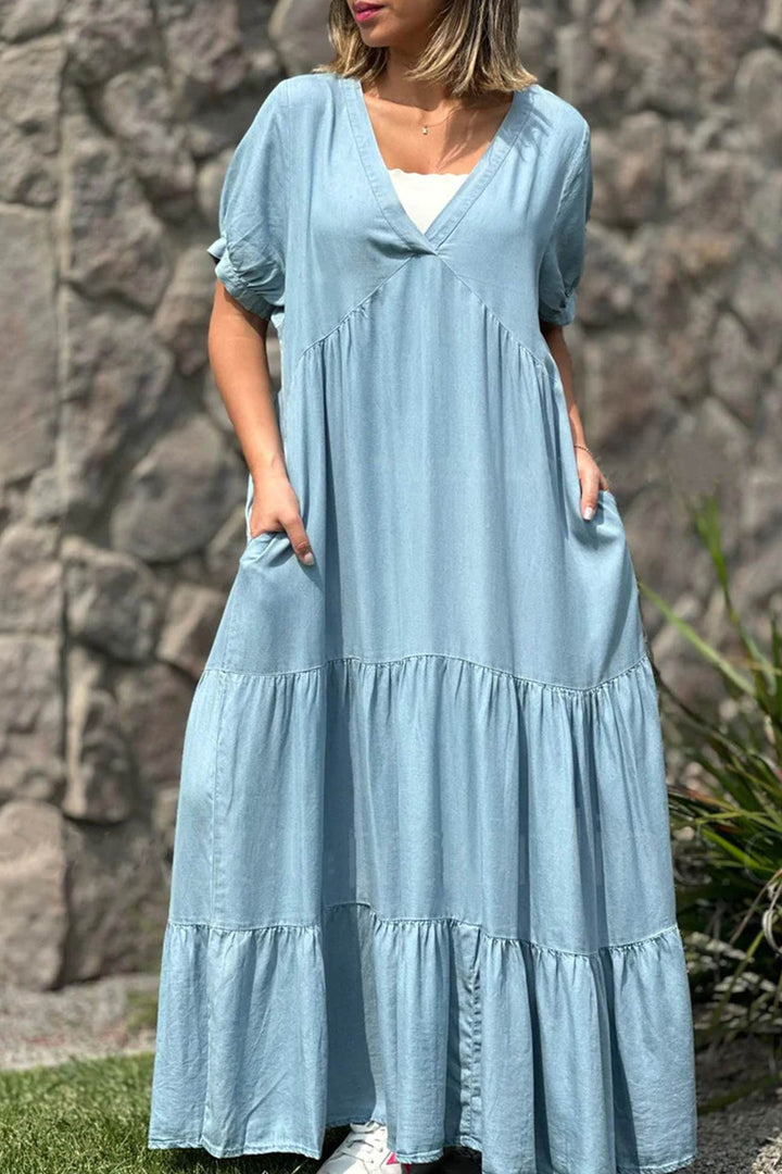 Vestido de verano para mujeres Via - Vestido de manga corta con V & Bunk Effect in Jeanss