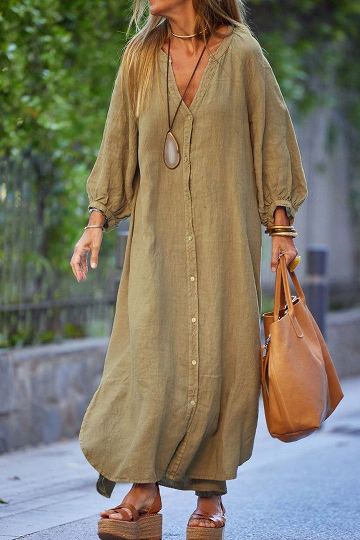 Robe Femme Veanna – Élégante Robe à Manches Longues avec Col en V & Boutonnage