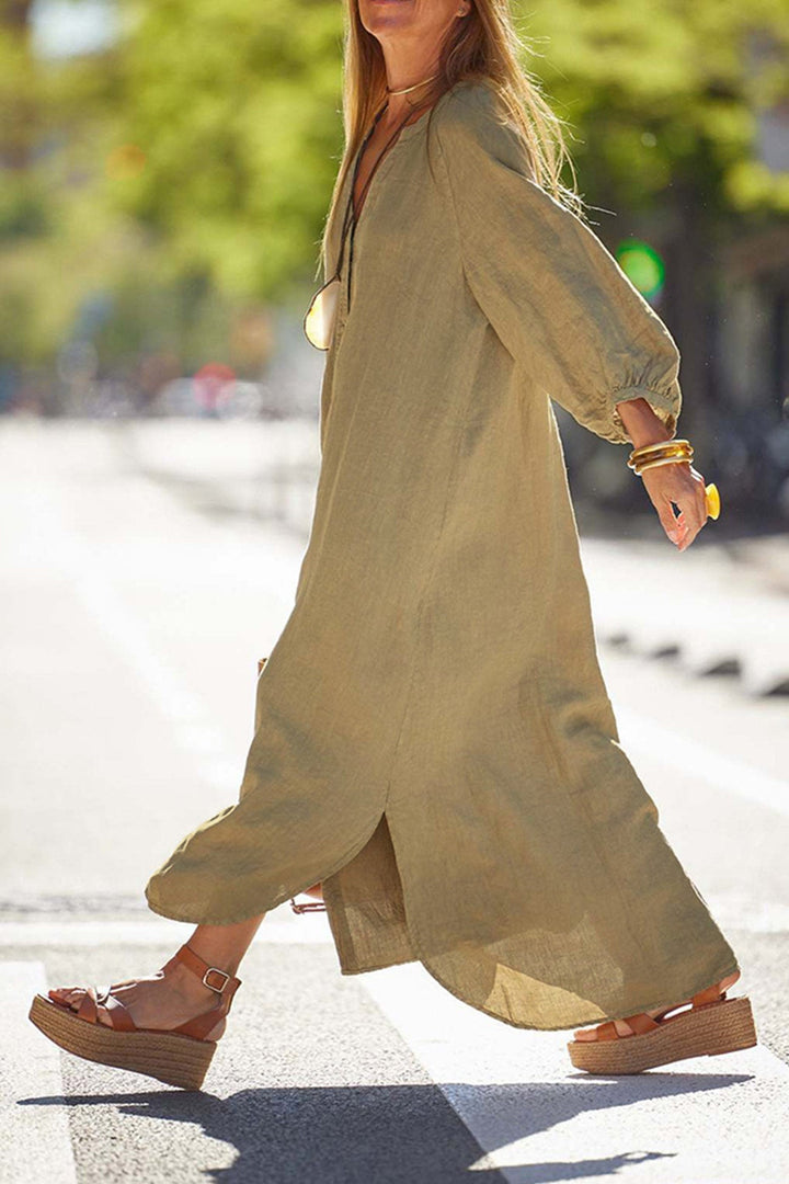 Robe Femme Veanna – Élégante Robe à Manches Longues avec Col en V & Boutonnage