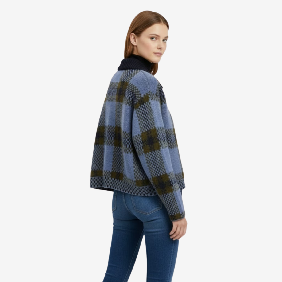 Brisa Veste Tricotée à Carreaux Femme – Col à Revers, Fermeture Zippée & Style Automne