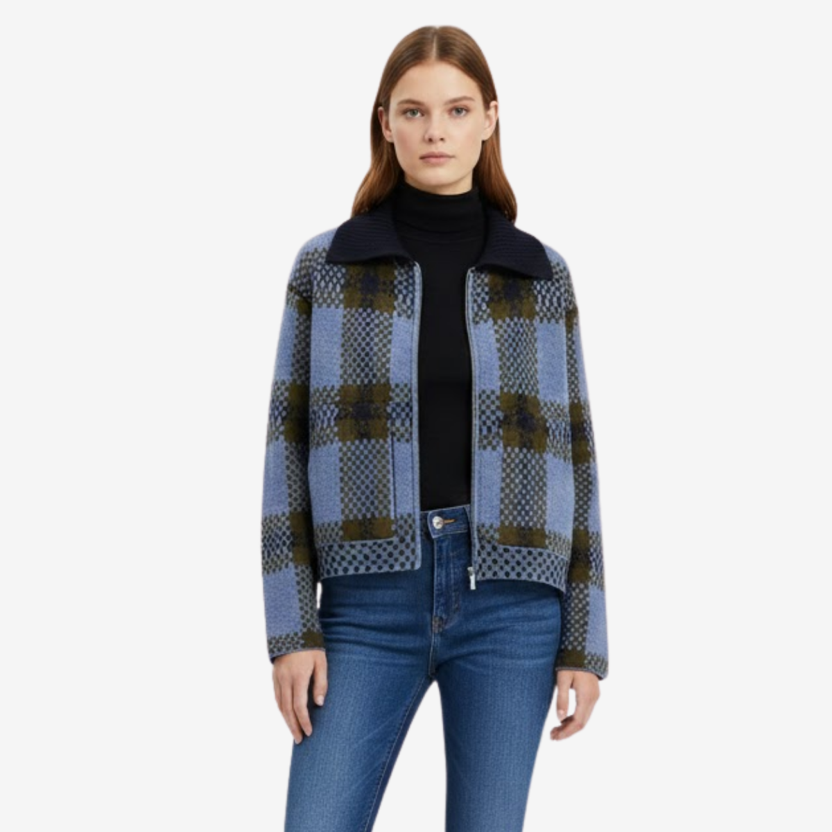 Brisa Veste Tricotée à Carreaux Femme – Col à Revers, Fermeture Zippée & Style Automne