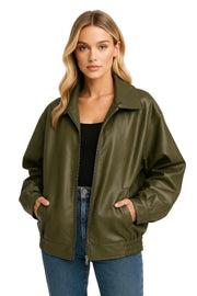 Emilia Women's Zipped Jacket – Lightweight Faux Leather Casual Jacket for Mid-Season
