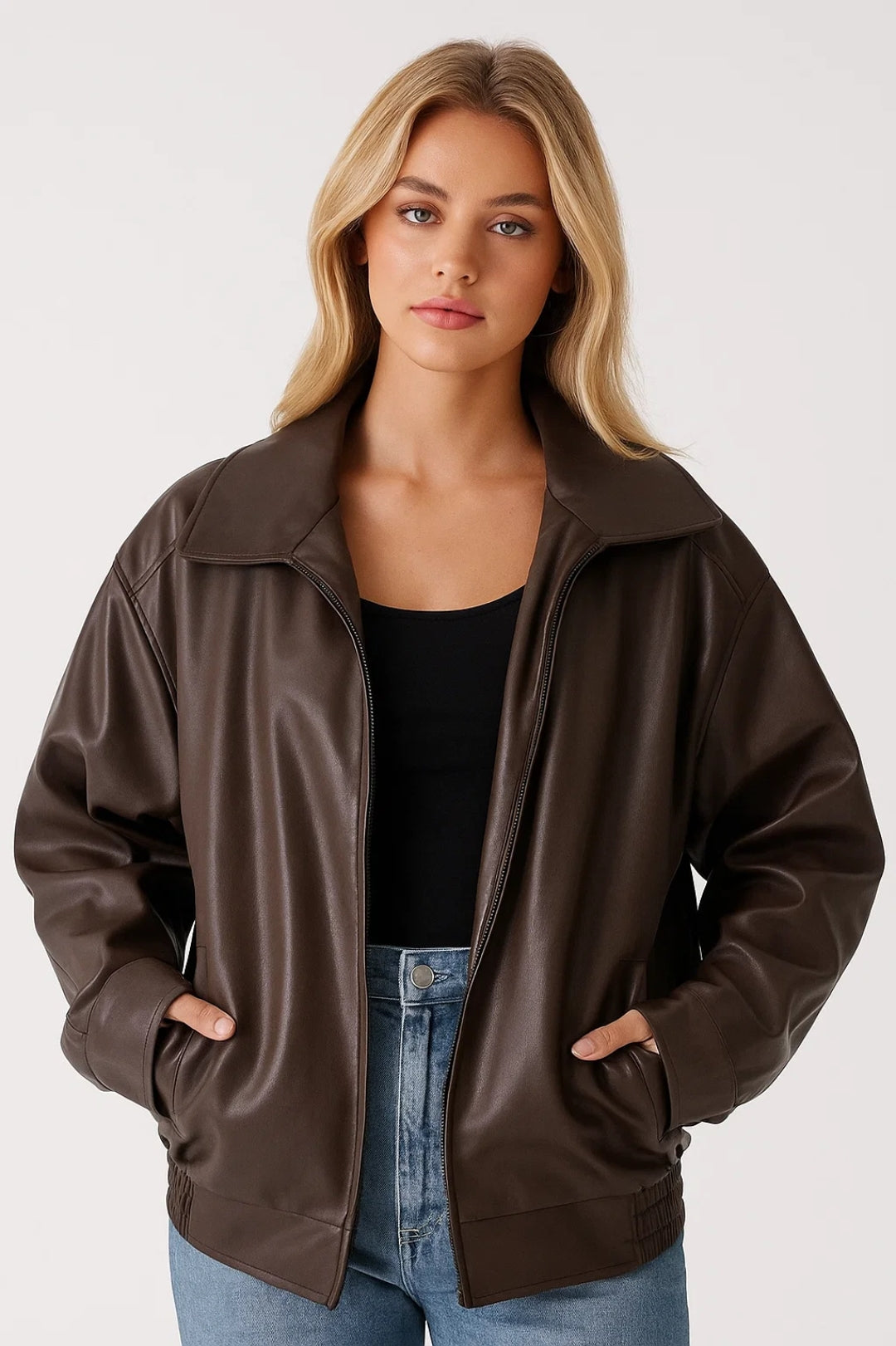 Emilia Women's Zipped Jacket – Lightweight Faux Leather Casual Jacket for Mid-Season