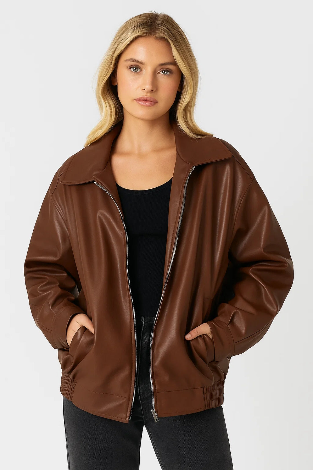 Emilia Women's Zipped Jacket – Lightweight Faux Leather Casual Jacket for Mid-Season