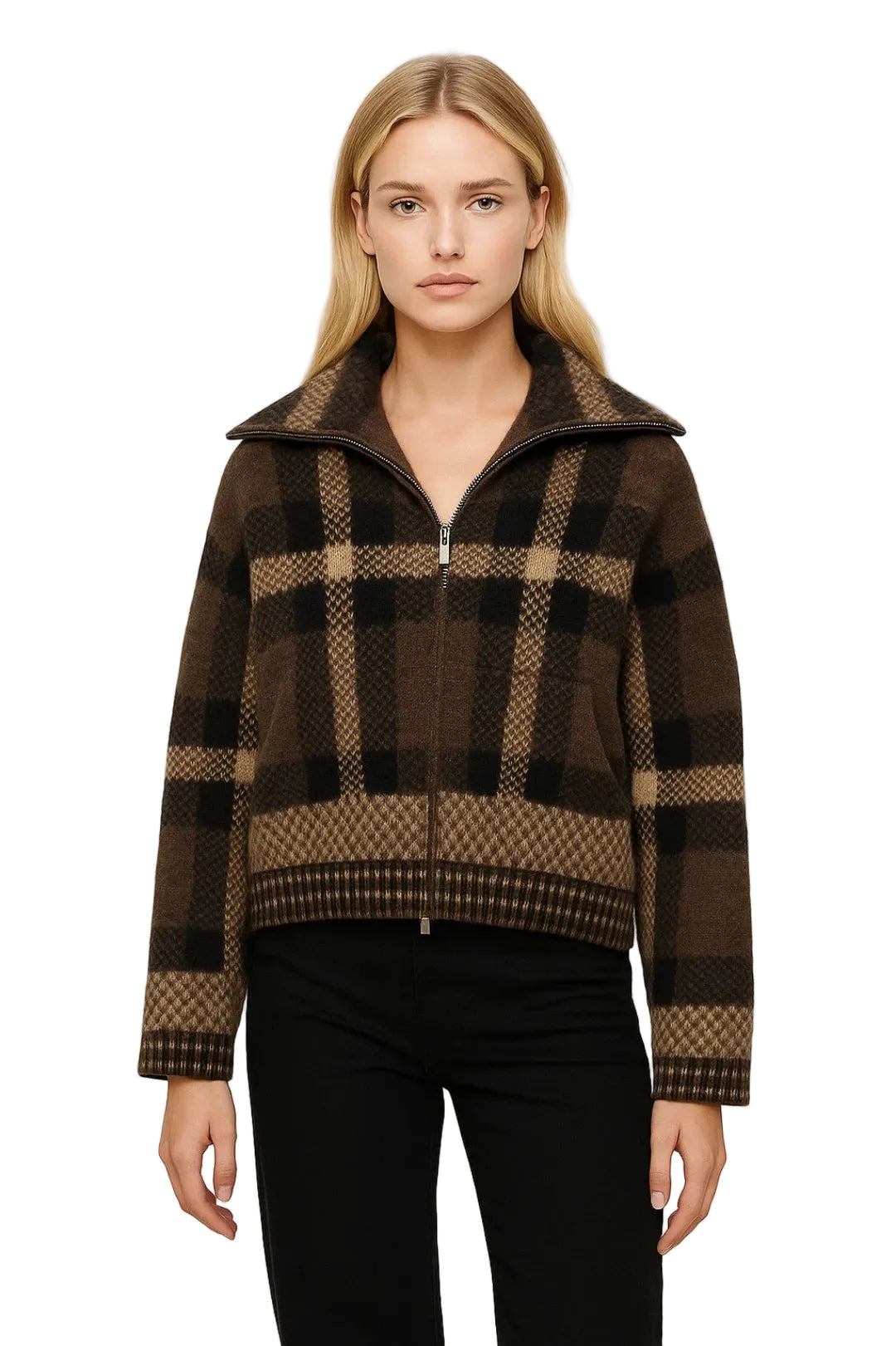 Barbie Jachetă Scurtă pentru Femei – Model în Carouri Structurat, Închidere cu Fermoar & Stil de Mijloc de Sezon