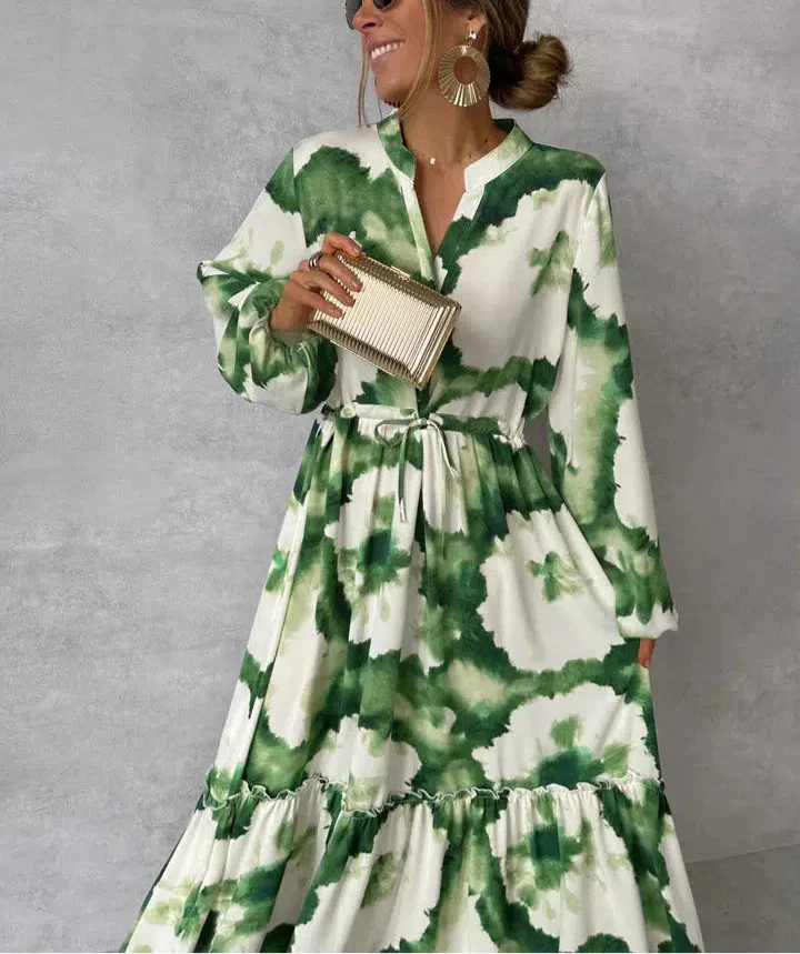 Vestido de mujer Long Zia: elegante vestido verde con mangas largas y escote V versátil Vegetal