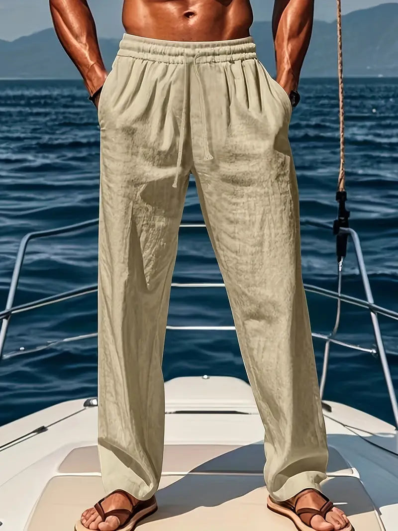 Pantalones de Ethan Men - pantalones de lino grandes transpirables con una copa de estilo amplia y elegante verano