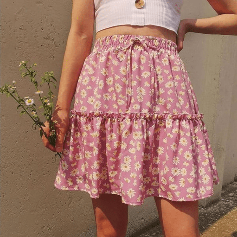 Wanda Jupe Courte Fleurie Looksy – Taille Haute Flatteuse & Volants Superposés Légers